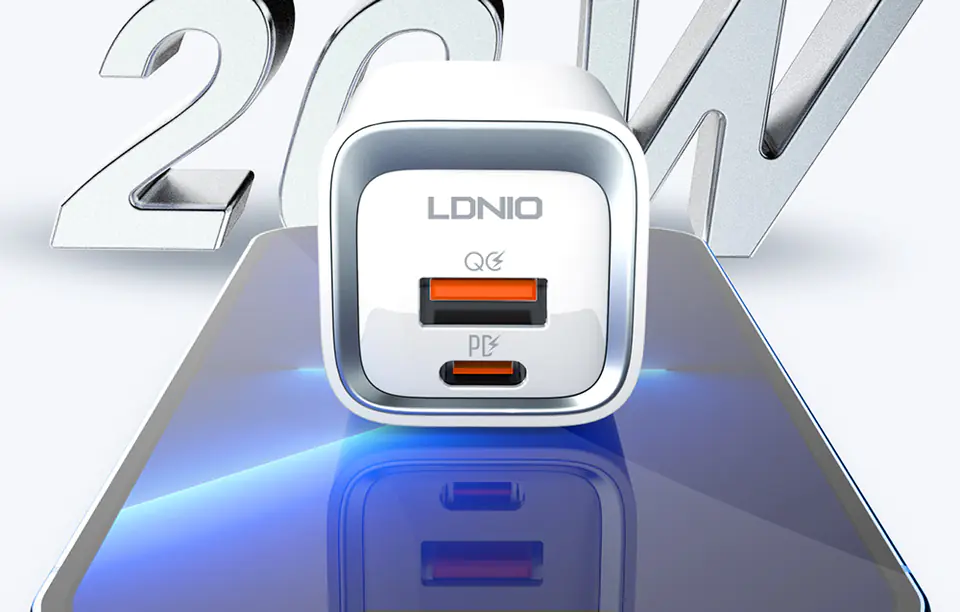 MFi LDNIO A2318M AC charger, USB-C+USB, USB-C to Lightning 20W