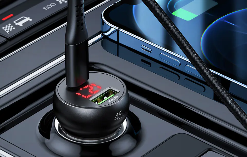 Ładowarka samochodowa Mcdodo CC-7030, USB + USB-C, z wyświetlaczem, 45W (czarna)