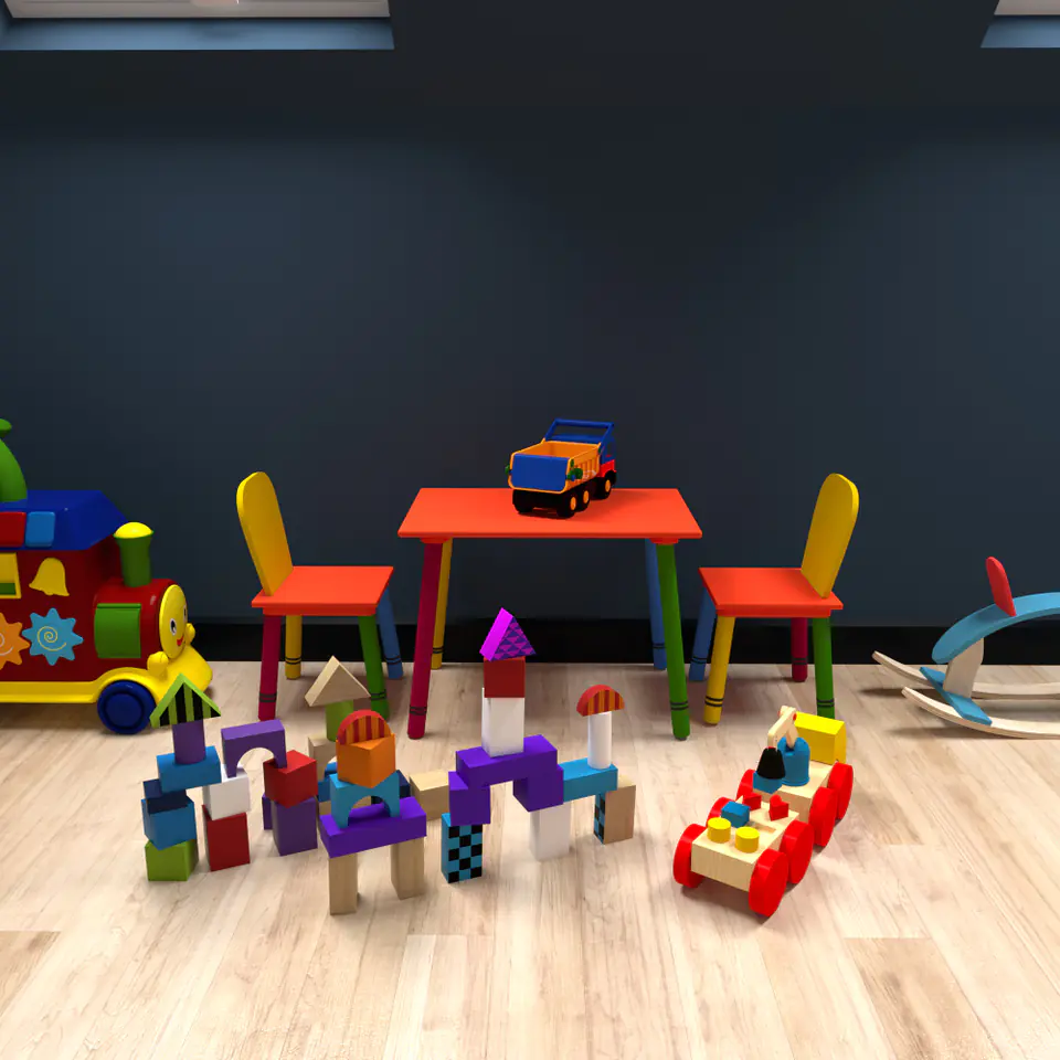 Children's furniture: wooden set table + 2 colorful chairs