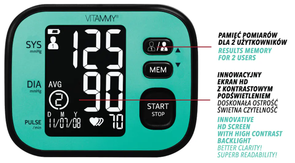 VITAMMY SUPER COSMO EUCALYPTUS Ciśnieniomierz naramienny 22–42 cm z IHB i podświetleniem