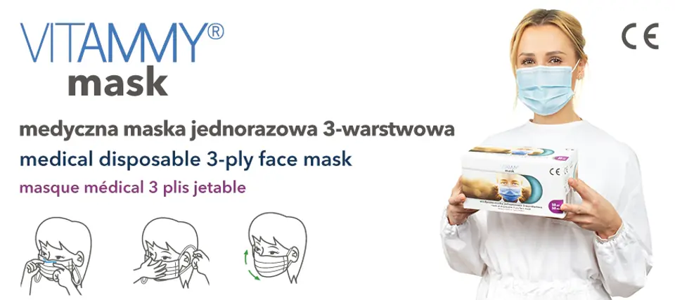 VITAMMY mask S 50 szt. Medyczna maska jednorazowa 3-warstwowa na gumki, zabiegowa TYP II  EN14683