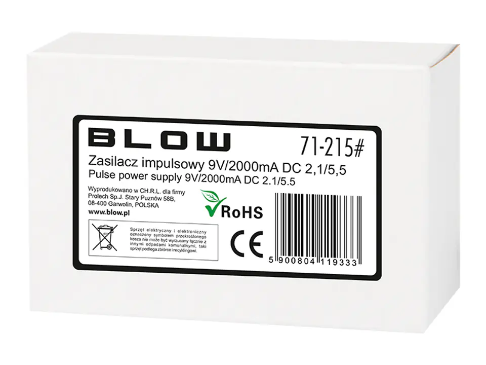 Zasilacz impulsowy 9V 2000mA 2,1/5,5 Blow 71-215