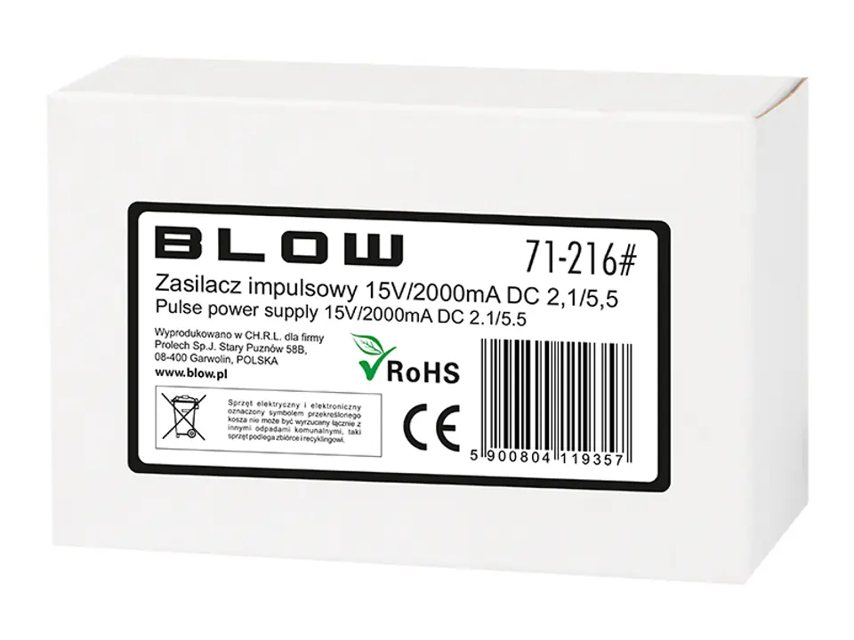 Zasilacz impulsowy 15V 2000mA 2,1/5,5 Blow 71-216