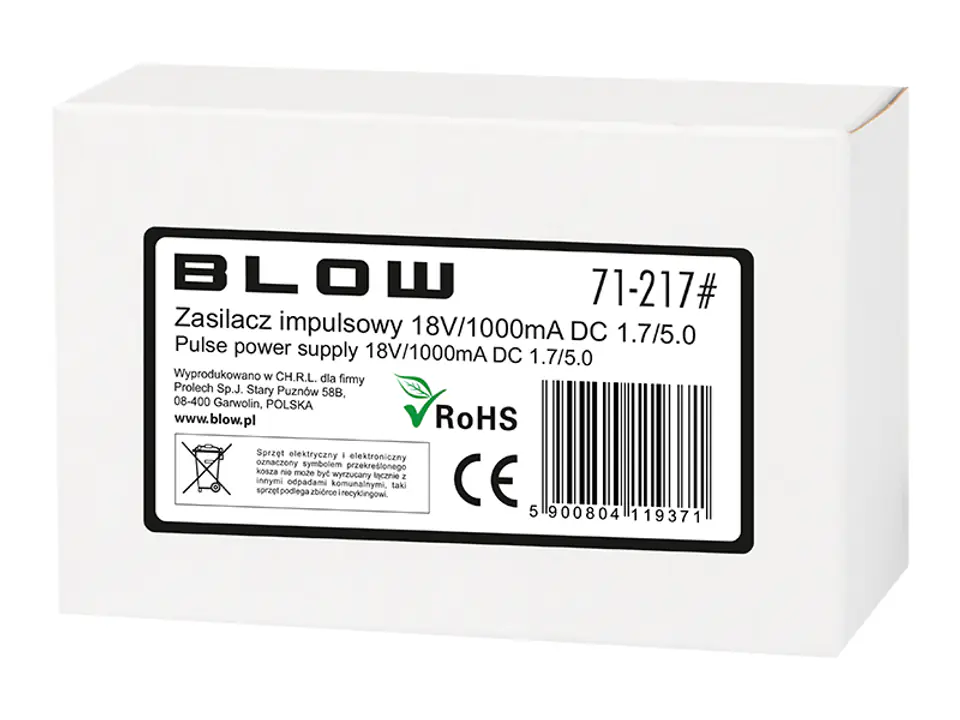 Zasilacz impulowy 18V 1000mA 1,7/5,0 Blow 71-217