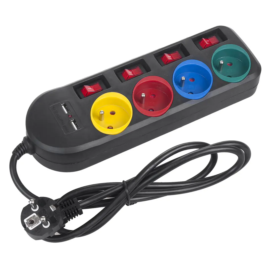 Listwa zasilająca, przedłużacz 4 gniazda + 2xUSB z włącznikami 1.5m