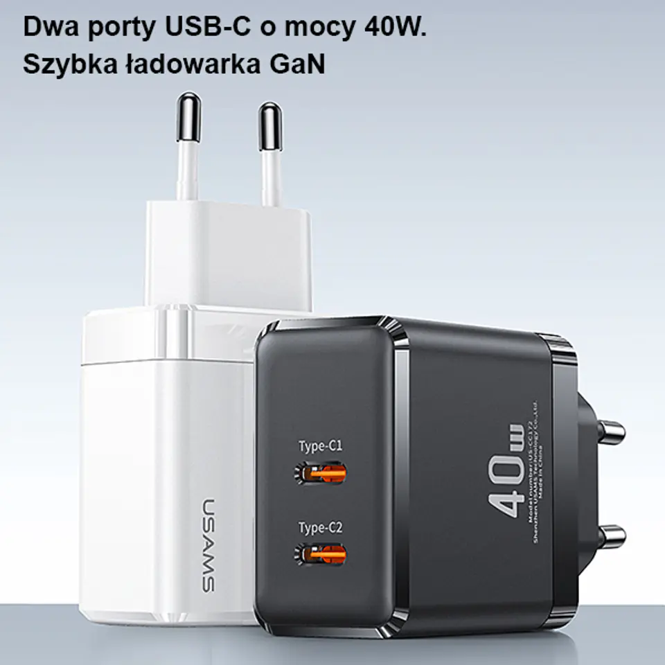 USAMS Ład. siec. 2xUSB-C T54 40W (only head) PD Fast Charging biały/white CC172TC02 (US-CC172)