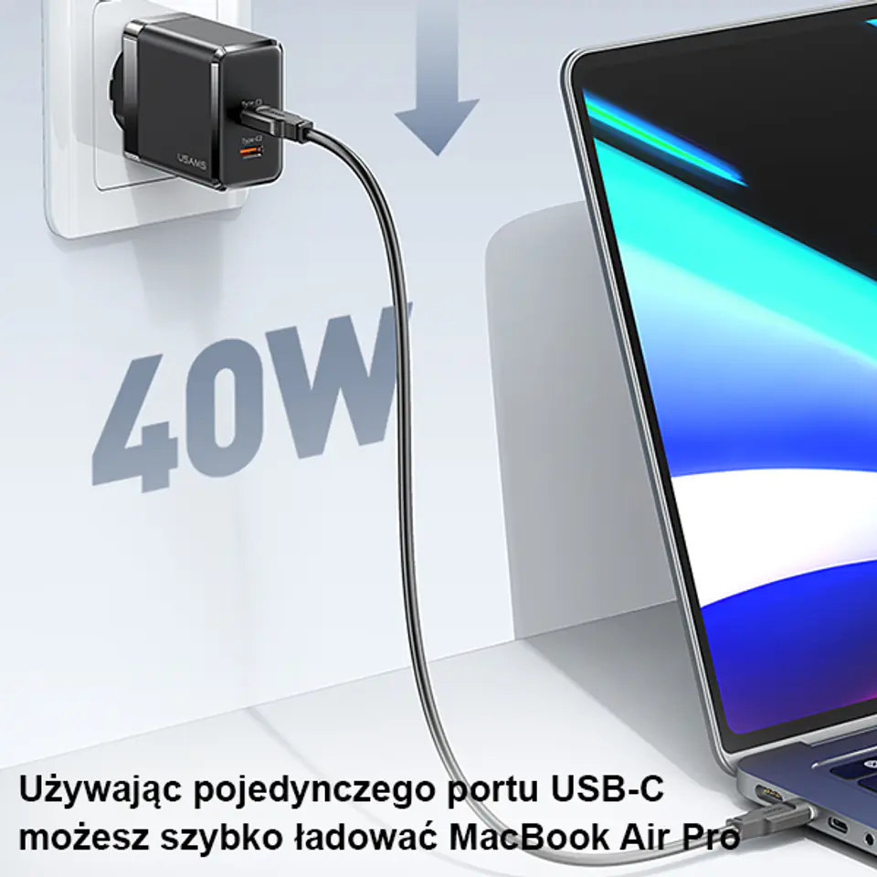 USAMS Ład. siec. 2xUSB-C T54 40W (only head) PD Fast Charging biały/white CC172TC02 (US-CC172)