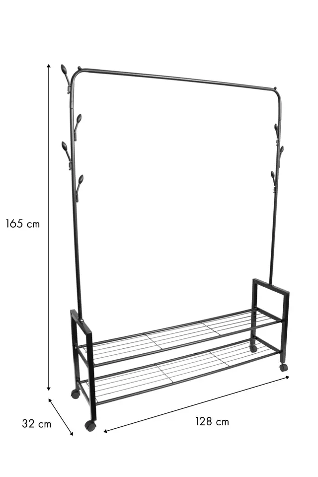 Wieszak stojący z 2 półkami stojak z kółkami na odzież ModernHome