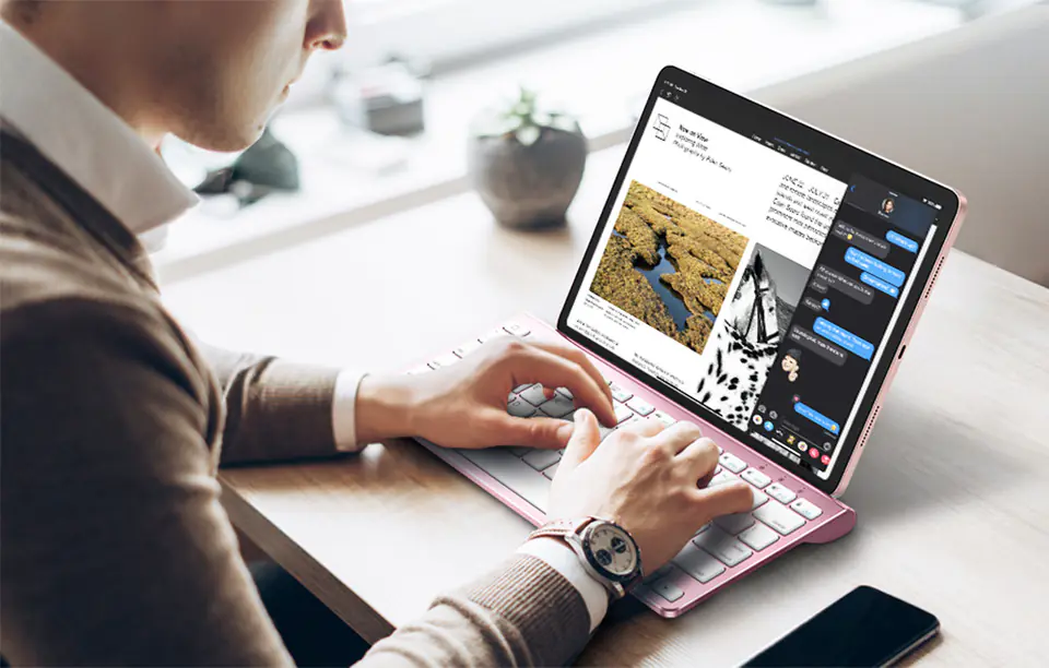 Bezprzewodowa klawiatura do iPad z uchwytem na tablet KB088 Omoton (różowa)