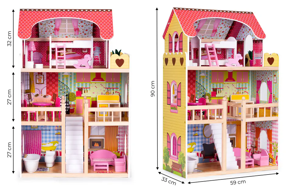 Drewniany domek dla lalek mebelki 3 piętra ECOTOYS