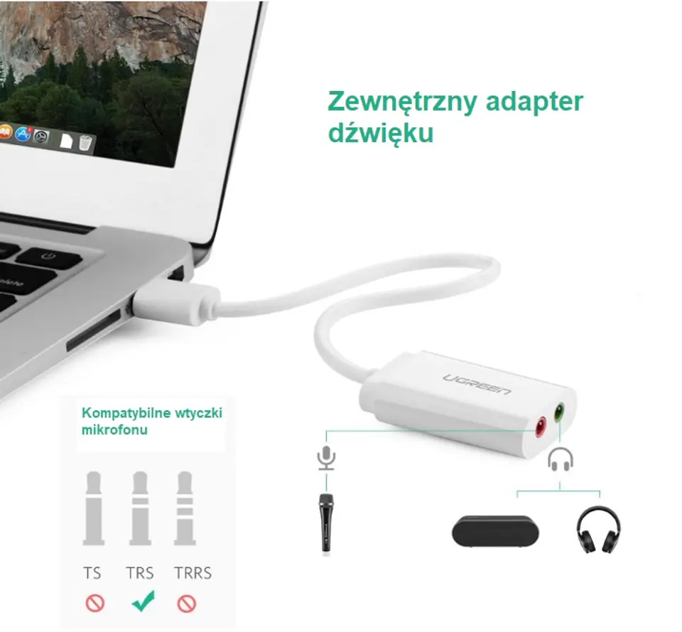 Zewnętrzna karta dźwiękowa USB UGREEN 	US205 15cm (biały)