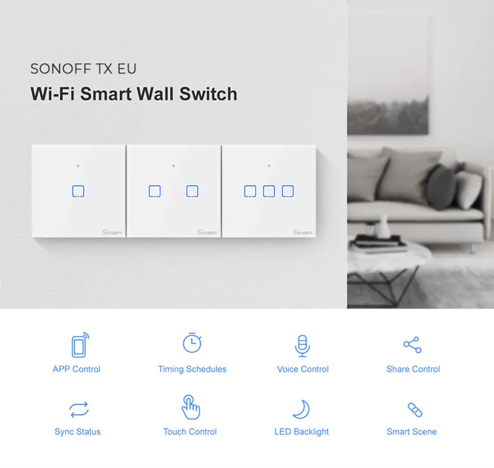 Dotykowy włącznik światła WiFi + RF 433 Sonoff T1 EU TX (1-kanałowy)