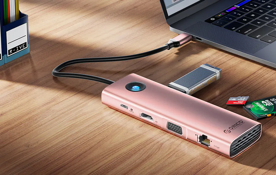 Stacja dokująca HUB 10w1 Orico USB-C, HDMI, 3xUSB, SD/TF, Audio (różowe złoto)