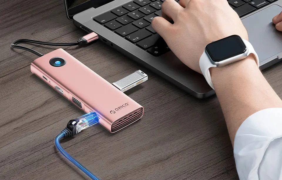 Stacja dokująca HUB 10w1 Orico USB-C, HDMI, 3xUSB, SD/TF, Audio (różowe złoto)