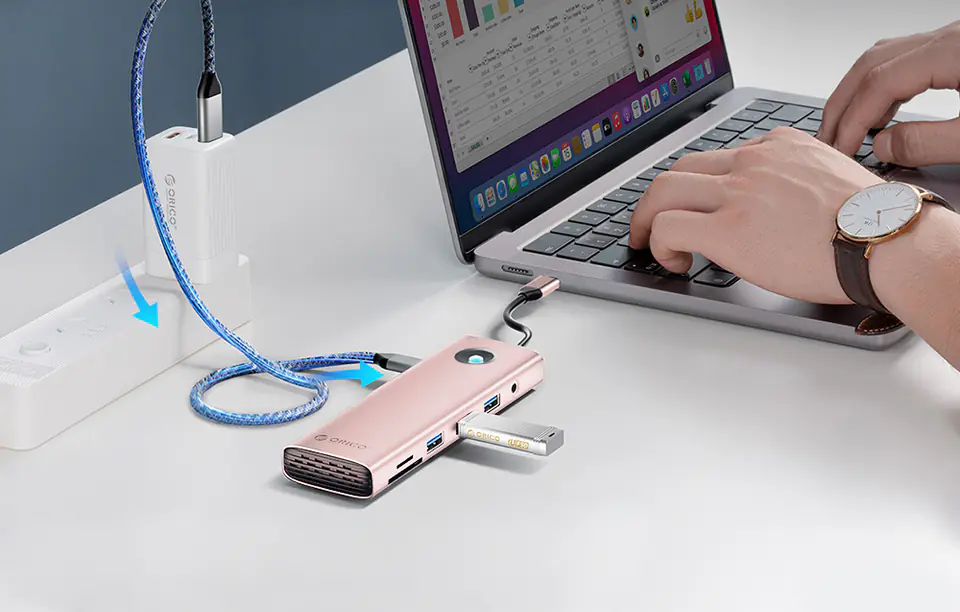 Stacja dokująca HUB 10w1 Orico USB-C, HDMI, 3xUSB, SD/TF, Audio (różowe złoto)