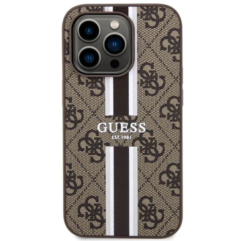 Oryginalne Etui IPHONE 13 PRO MAX Guess Hardcase 4G Printed Stripe MagSafe (GUHMP13XP4RPSW) brązowe