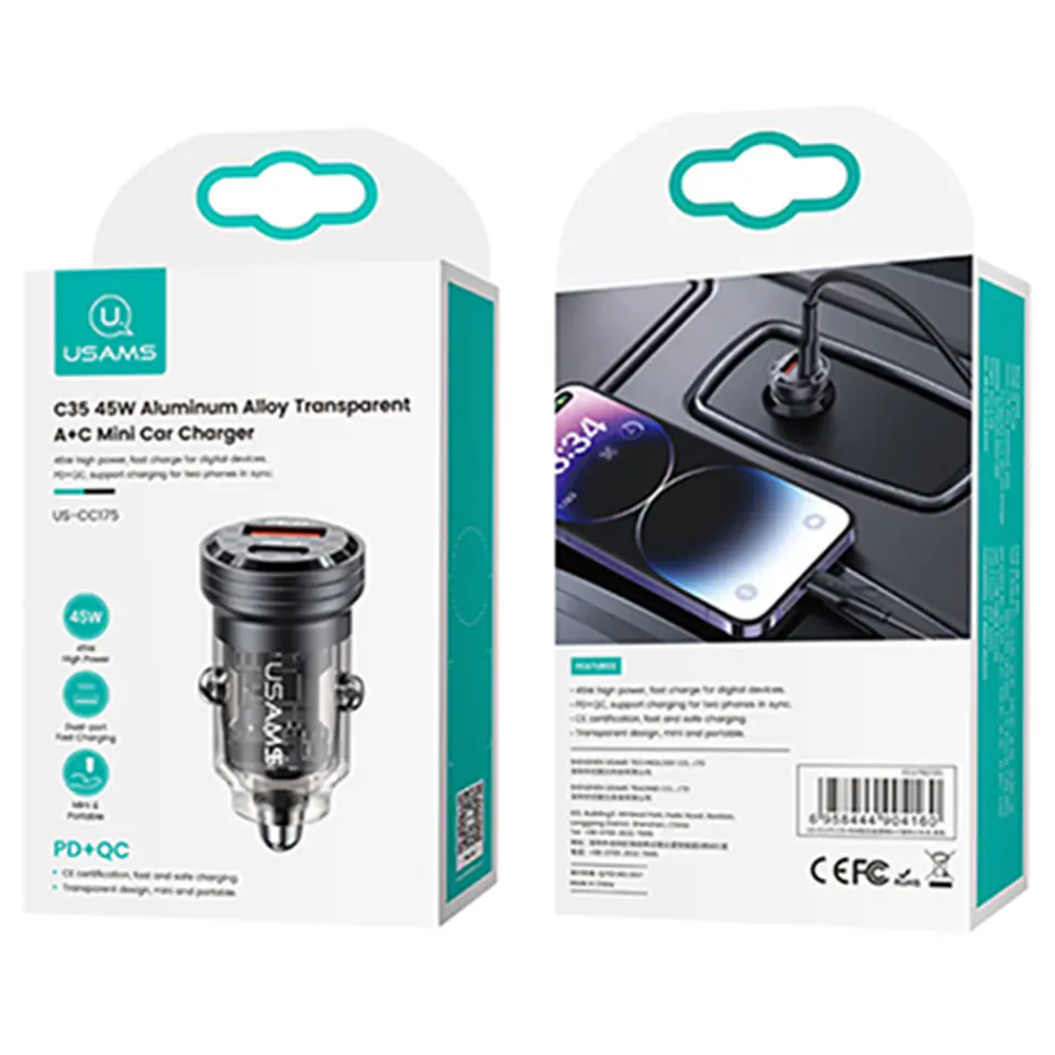 USAMS Ład. sam. C35 USB+USB-C 45WFast Charge czarny/black CC175CC01 (US-CC175)