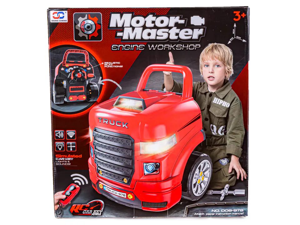 Zestaw Mechanika, Samochód Auto Silnik Do Rozkręcania, Warsztat 61 Elementów, Ciężarówka, Czerwony Truck