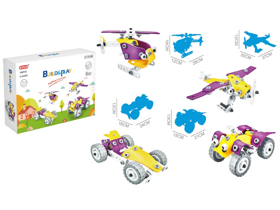Klocki Elastyczne, Konstrukcyjne 100 El. Auto, Wyścigówka, Quad, Helikopter, Samolot Do Rozkręcania I Skręcania 4w1