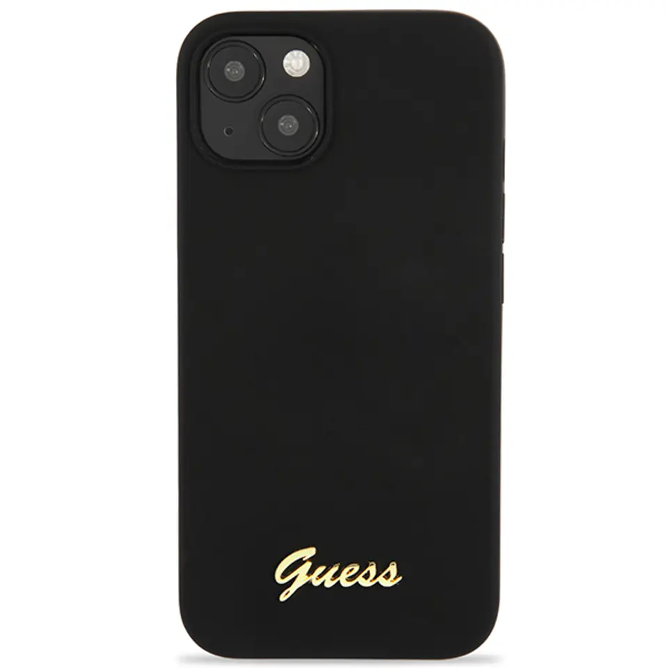 Guess GUHCP13MLSLMGBK iPhone 13 / 14 /  15 6.1" black/czarny hardcase Silicone Script Gold Logo