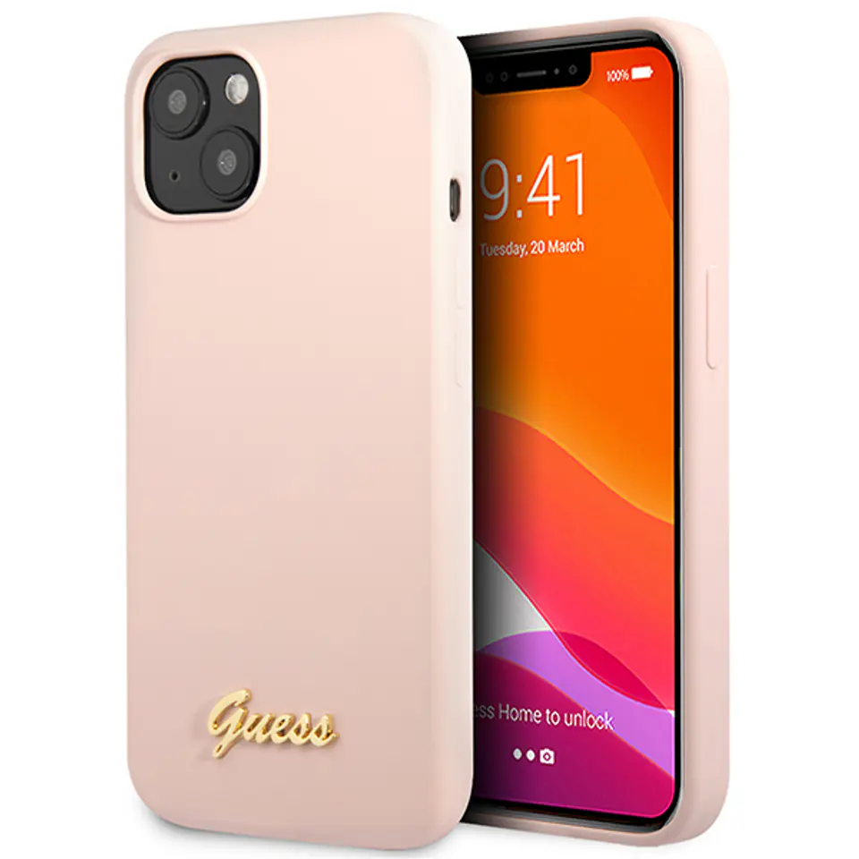 Guess GUHCP13MLSLMGLP iPhone 13 / 14 /  15 6.1" jasnoróżowy/light pink hardcase Silicone Script Gold Logo