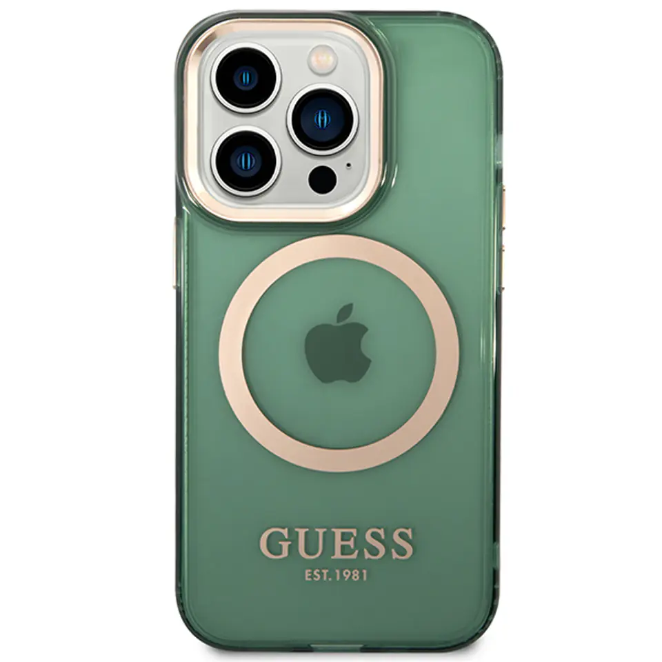 Guess GUHMP14LHTCMA iPhone 14 Pro 6.1"  zielony/khaki hard case Gold Outline Translucent MagSafe