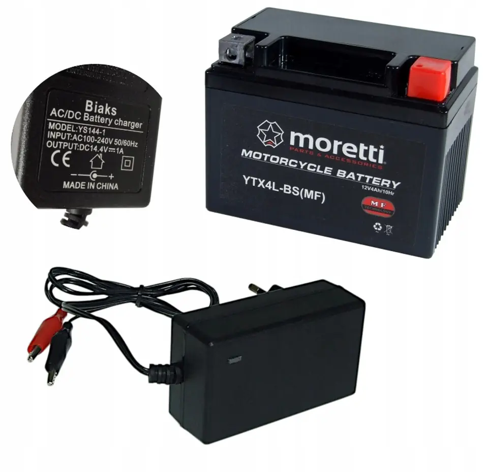 Akumulator Motocyklowy Moretti żelowy AGM 12V 4Ah + Ładowarka 1A Multi-LED+