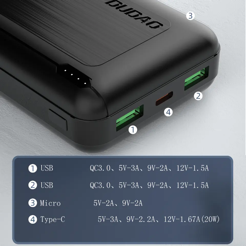 Dudao powerbank capiente con 3 cavi integrati 20000mAh USB Type C + micro  USB + Lightning black (Dudao K6Pro +)