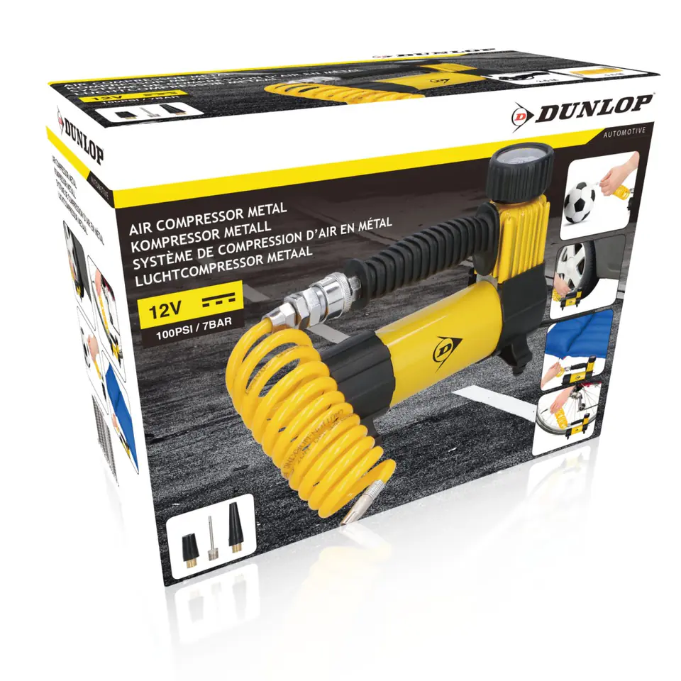 Dunlop - compressor 12 V 100 Psi, set with hose and tips