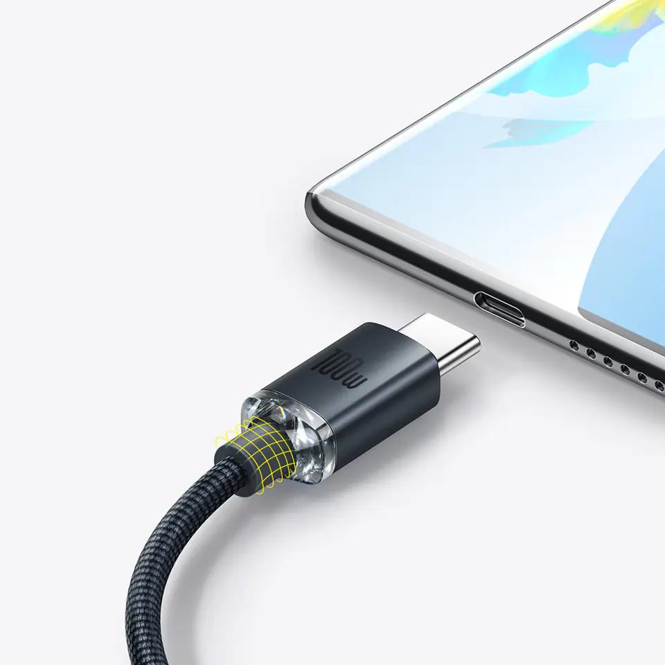 DAM Cabo USB-C para USB-C PD100W. Comprimento: 2 metros, diâmetro externo  4,0 mm. Com luz LED. 200x0,5x0,5 cm. Cor preta - DAM