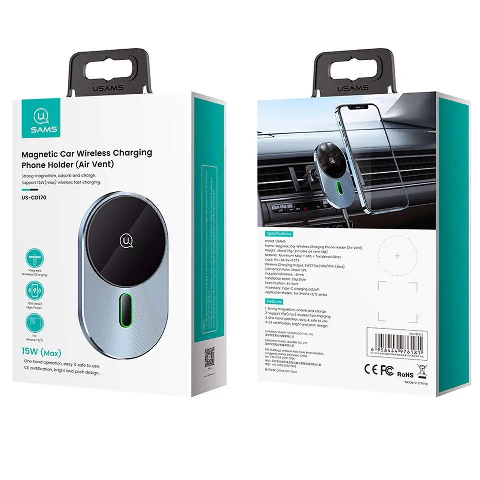 USAMS Magnetic Car Wireless Charging 15W Inductive Holder for