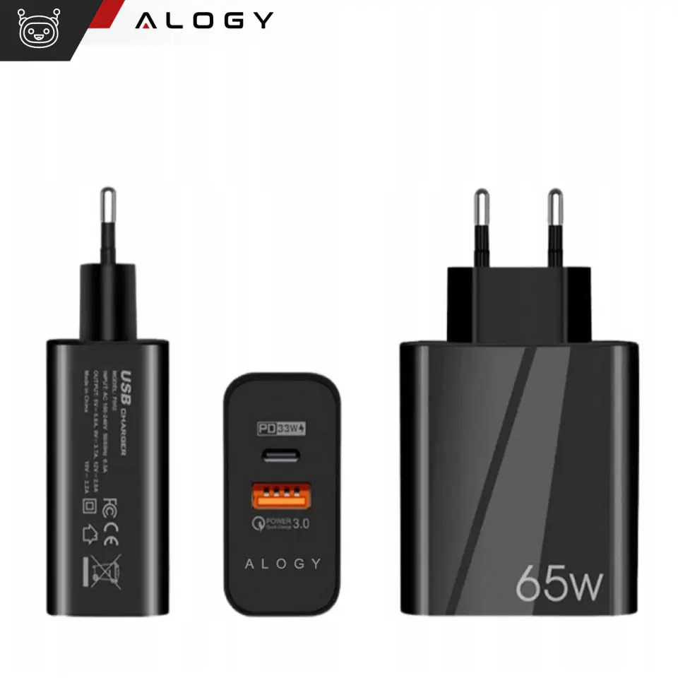 Ładowarka sieciowa szybka USB-A QC 3.0 Quick Charge + USB-C PD 33W 65W Alogy czarna