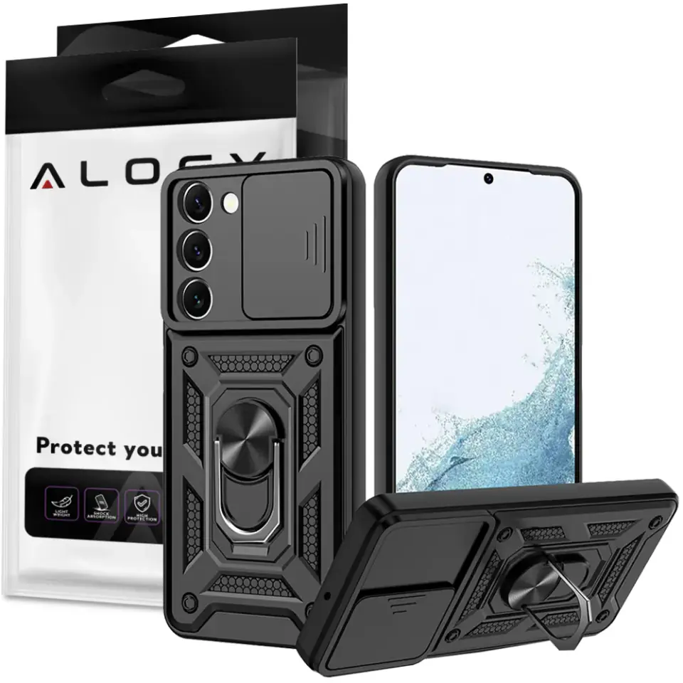 Etui Alogy Camshield Stand Ring z osłonką na aparat do Samsung Galaxy S23 Plus pancerne czarne