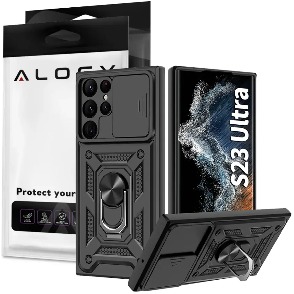 Etui Alogy Camshield Stand Ring z osłonką na aparat do Samsung Galaxy S23 Ultra pancerne czarne