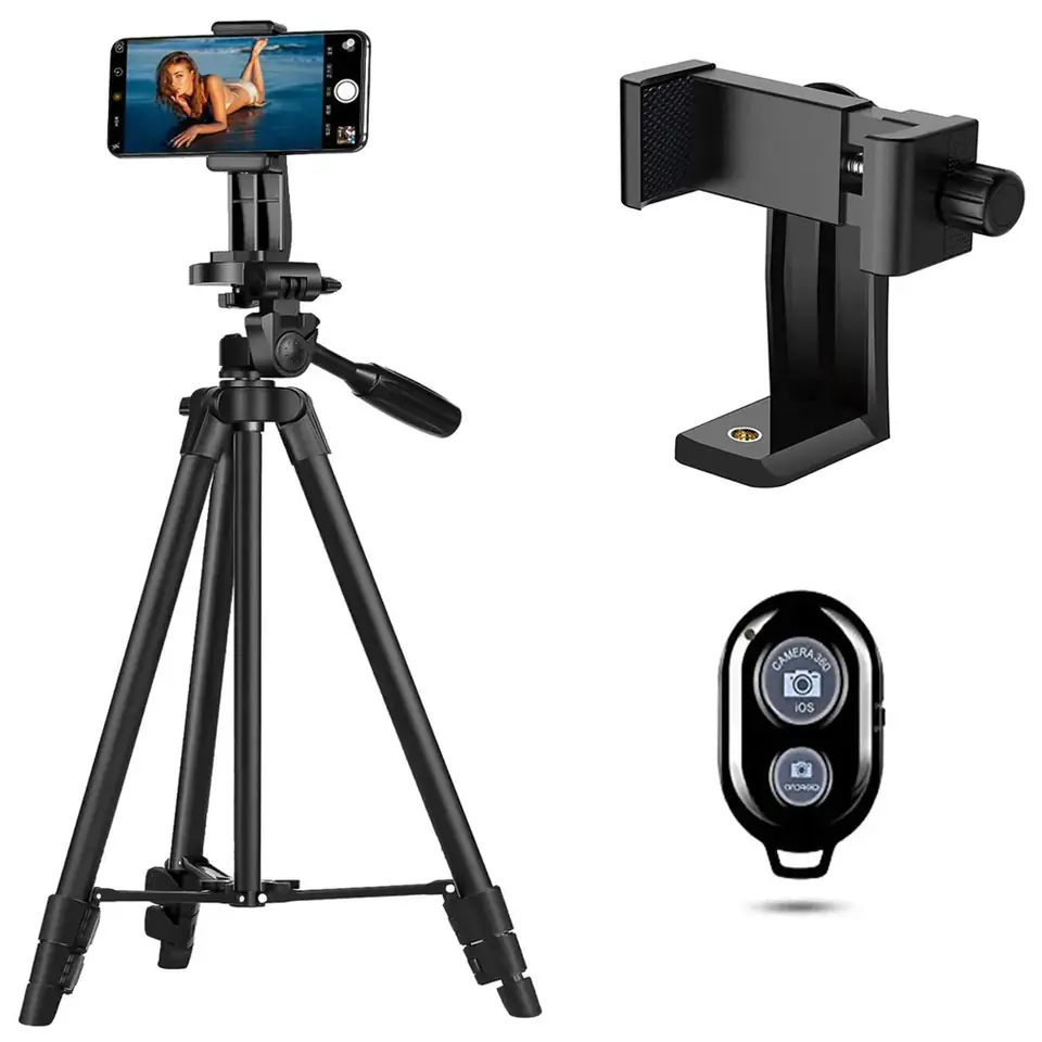 Statyw uniwersalny Alogy Tripod uchwyt do telefonu stojak 1/4 do kamer GoPro z pilot Bluetooth, pokrowiec Czarny