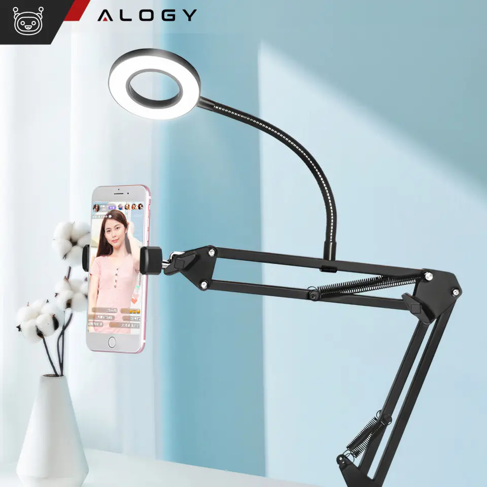 Lampa kreślarska Ring LED Alogy z elastycznym ramieniem i statywem do blatu biurka uchwyt na telefon Czarna