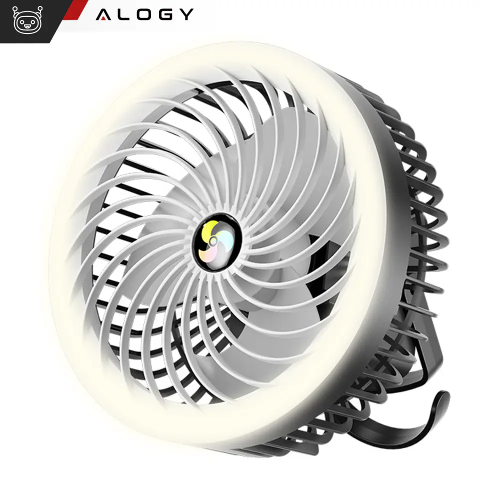 Wiatrak wentylator biurkowy z lampką LED 2w1 Alogy przenośny wiszący stojący Bezprzewodowy Hanging Outdoor Mini Fan uchwyt na haczyk Czarny