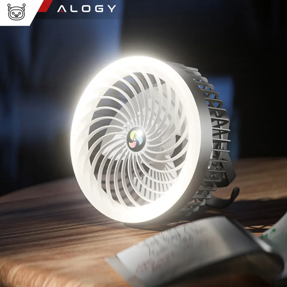 Wiatrak wentylator biurkowy z lampką LED 2w1 Alogy przenośny wiszący stojący Bezprzewodowy Hanging Outdoor Mini Fan uchwyt na haczyk Czarny