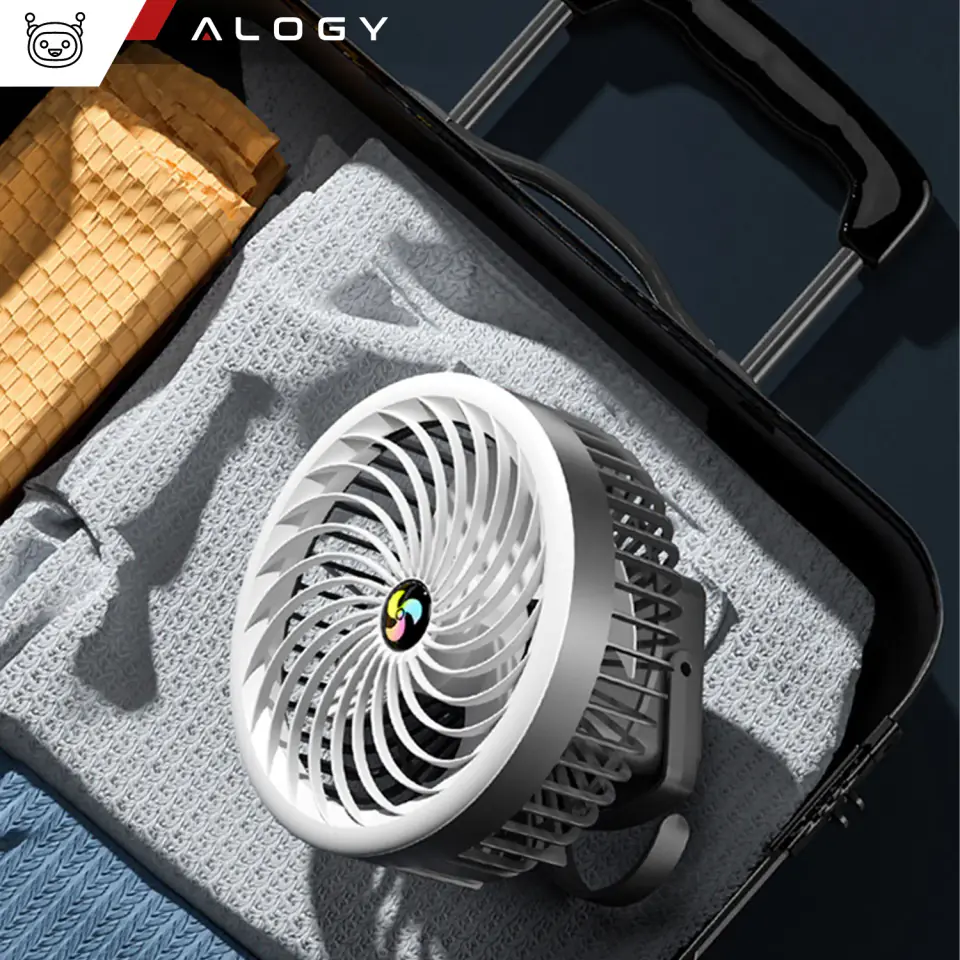 Wiatrak wentylator biurkowy z lampką LED 2w1 Alogy przenośny wiszący stojący Bezprzewodowy Hanging Outdoor Mini Fan uchwyt na haczyk Czarny