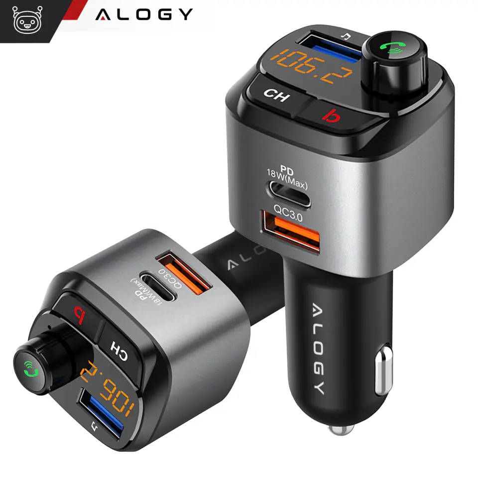 Transmiter samochodowy FM Alogy Ładowarka USB QC 3.0 + USB-C PD Bluetooth odtwarzacz MP3