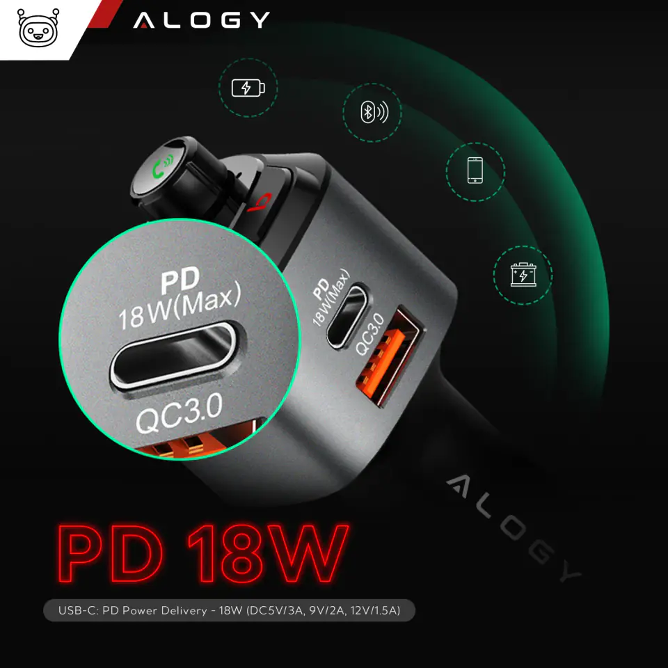 Transmiter samochodowy FM Alogy Ładowarka USB QC 3.0 + USB-C PD Bluetooth odtwarzacz MP3