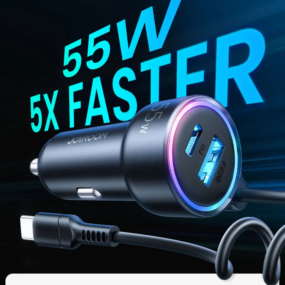 Joyroom Fast Car Charger 3 in 1 with USB Cable Type C 1.5m 55W Black (JR- CL07)