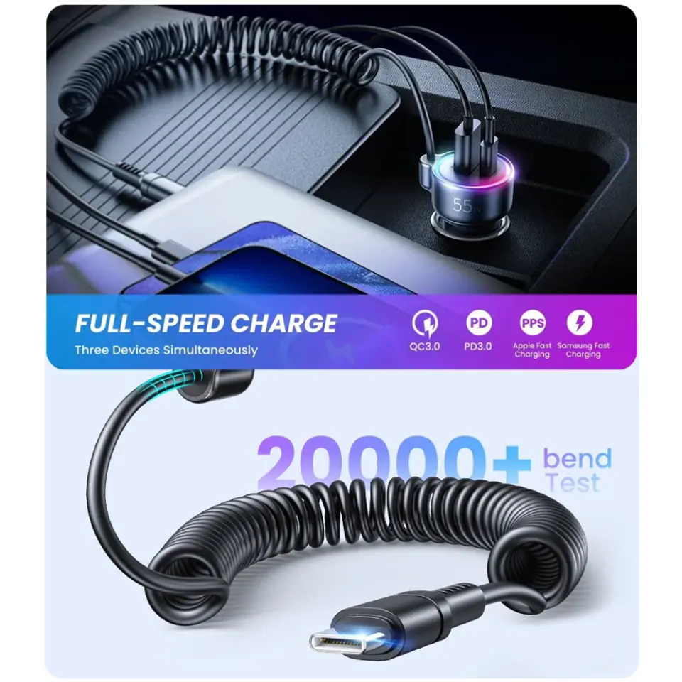 Joyroom Fast Car Charger 3 in 1 with USB Cable Type C 1.5m 55W Black (JR- CL07)