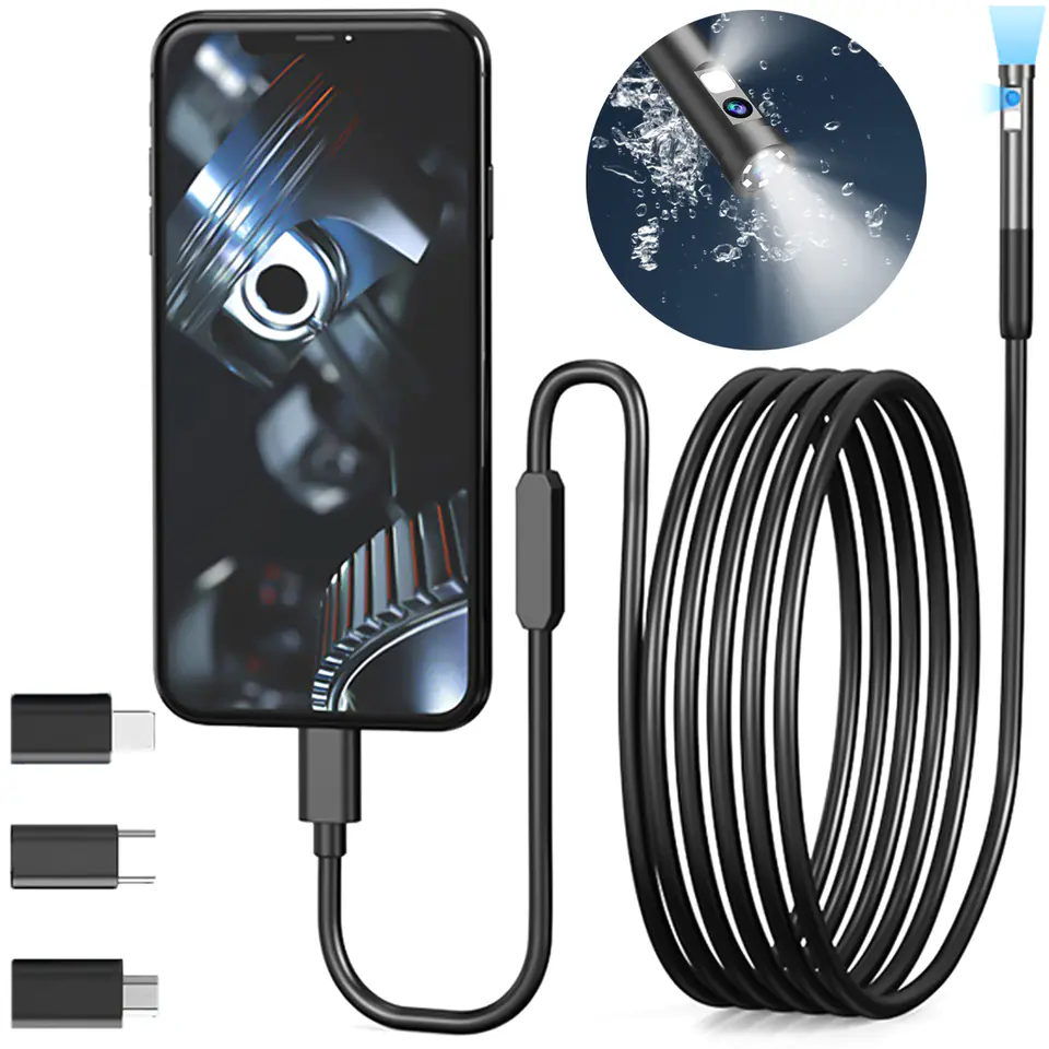 Kamera inspekcyjna endoskopowa podwójna Alogy Duo Cam 1920 Full HD Endoskop Lightning do iPhone, USB-C, micro USB 3m 8mm czarna
