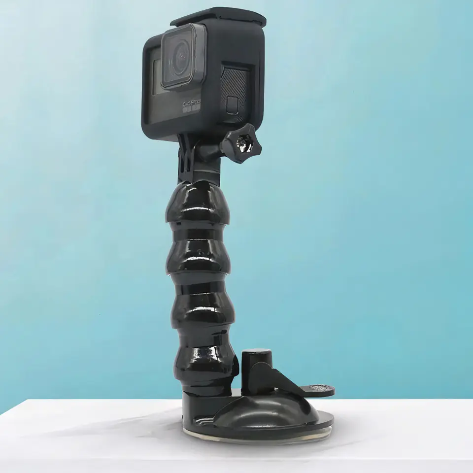Uchwyt statyw wysięgnik giętki z przyssawką do kamer sportowych GoPro do szyby biurka auta + adapter na telefon czarny