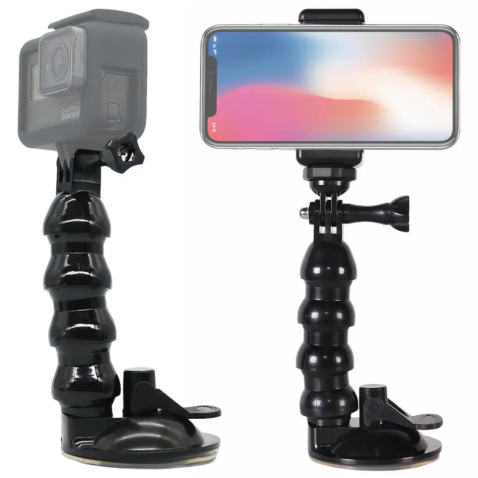 Uchwyt statyw wysięgnik giętki z przyssawką do kamer sportowych GoPro do szyby biurka auta + adapter na telefon czarny