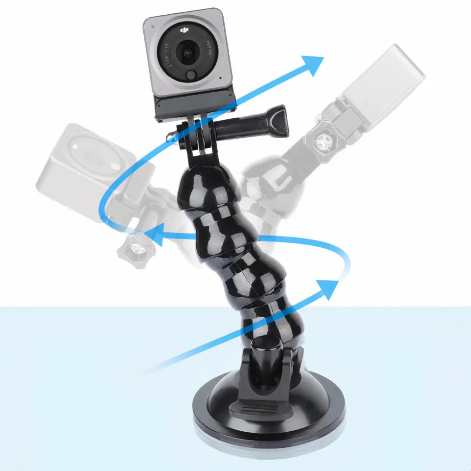 Uchwyt statyw wysięgnik giętki z przyssawką do kamer sportowych GoPro do szyby biurka auta + adapter na telefon czarny