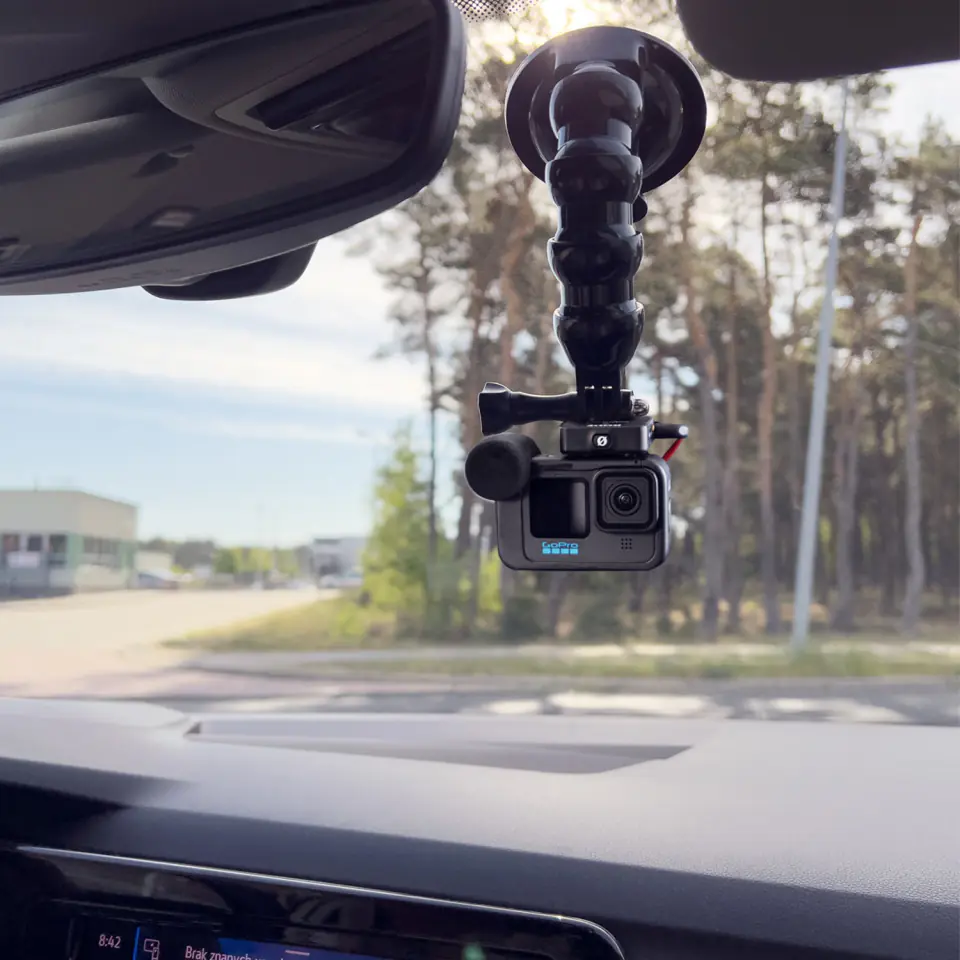 Uchwyt statyw wysięgnik giętki z przyssawką do kamer sportowych GoPro do szyby biurka auta + adapter na telefon czarny