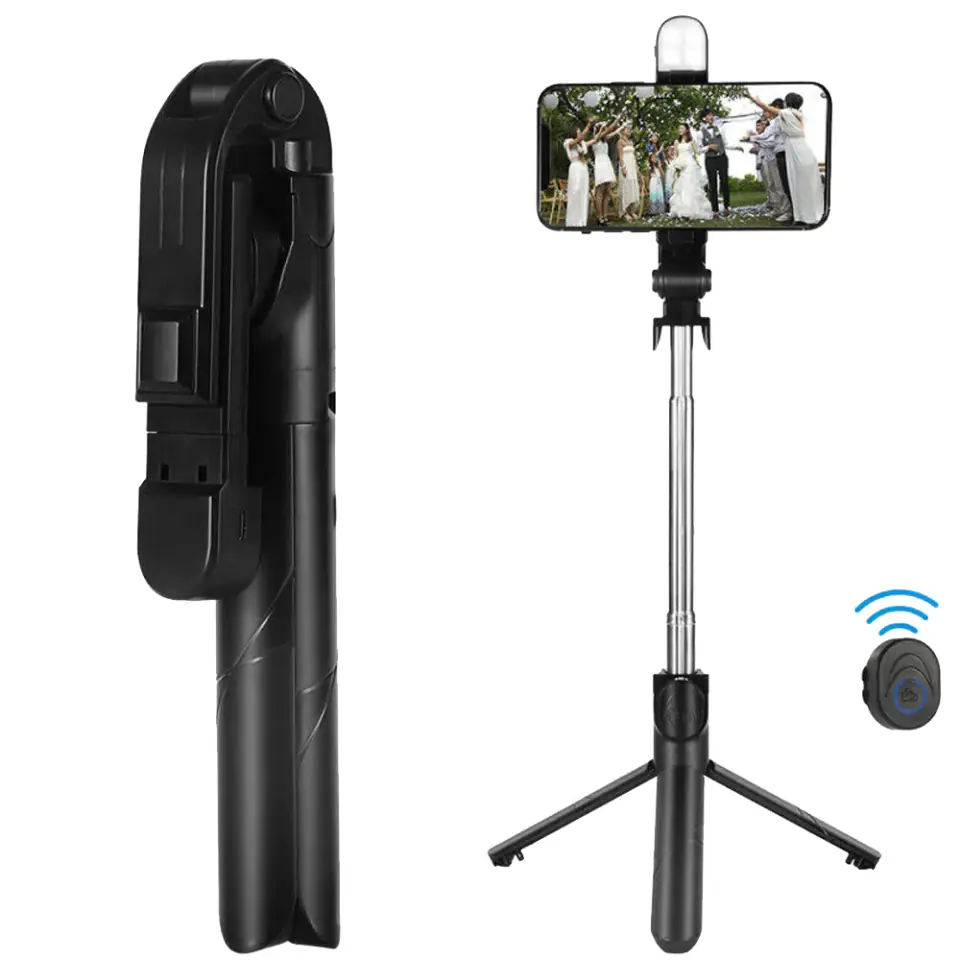 Kijek Selfie Stick Tripod Statyw LED Pilot Bluetooth Uchwyt do telefonu z lampką LED kij wysięgnik 95cm czarny