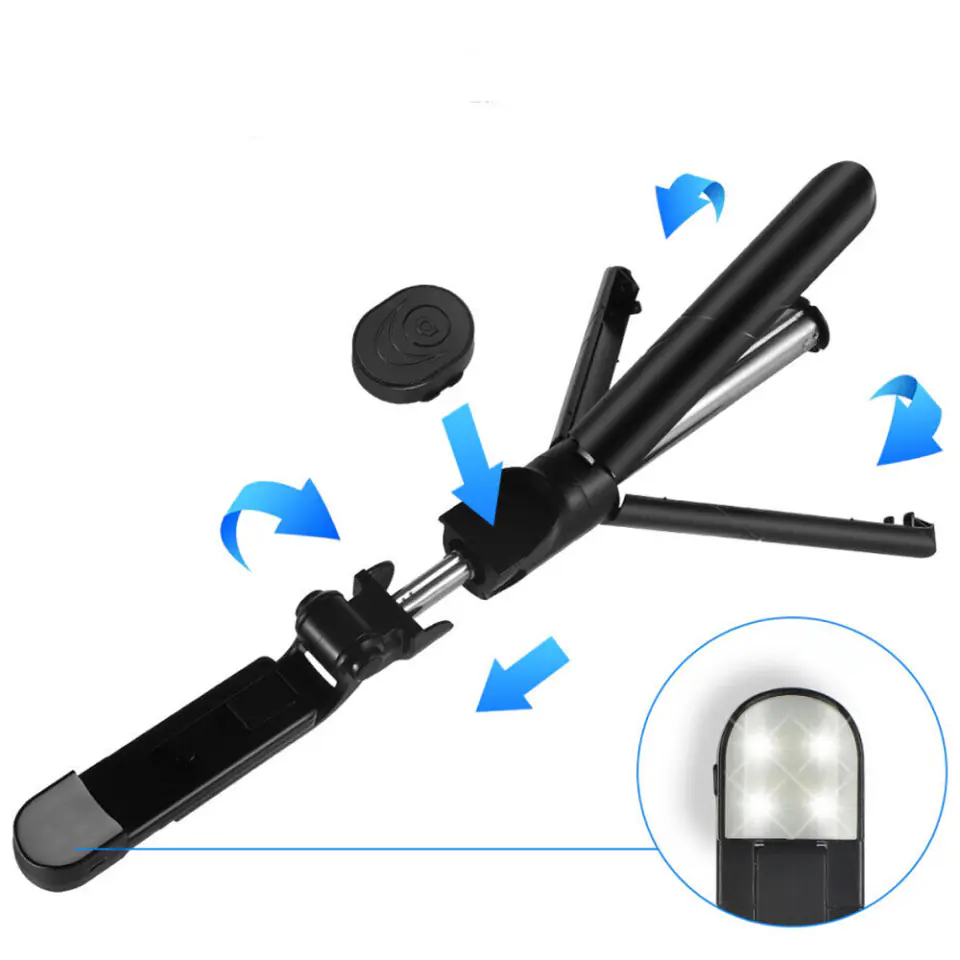 Kijek Selfie Stick Tripod Statyw LED Pilot Bluetooth Uchwyt do telefonu z lampką LED kij wysięgnik 95cm czarny